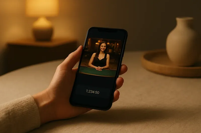 Hand holding smartphone showing dark casino app with live dealer preview