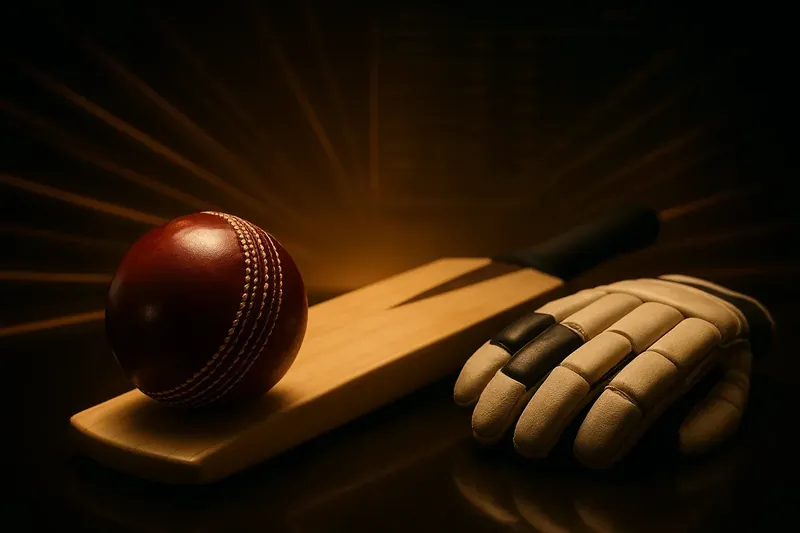 Close-up cricket equipment with neon speed lines and holographic betting interface