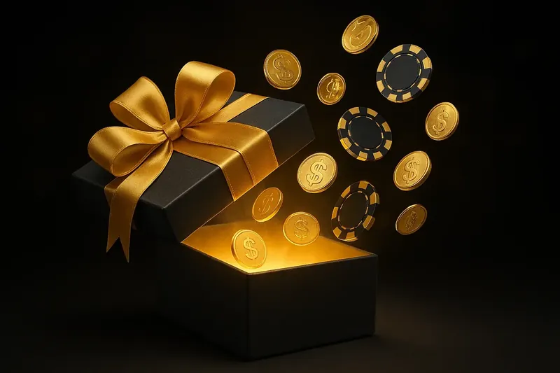Premium gift box opening with gold light, chips and coins