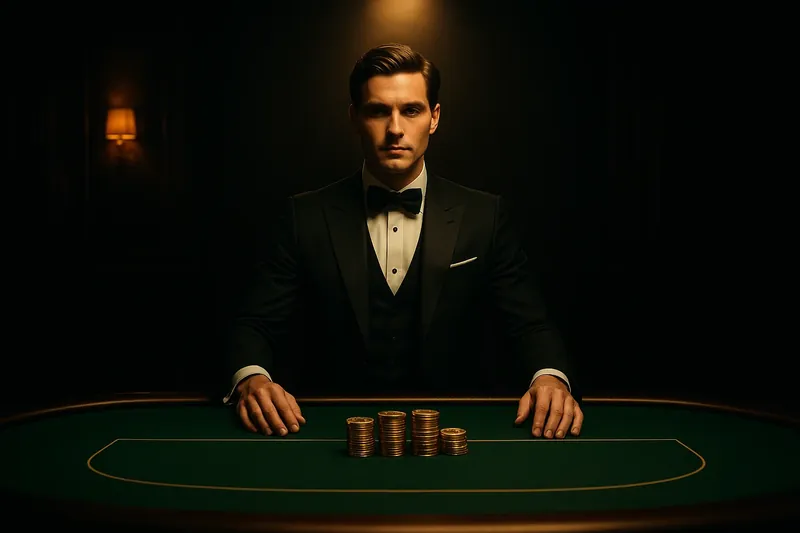 Professional dealer at green felt table with golden chips