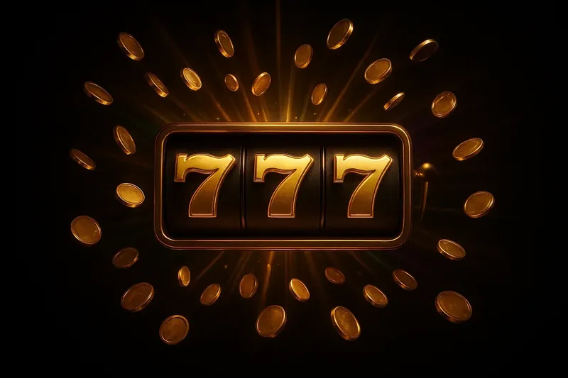 Slot machine jackpot with golden 777 symbols, coins, and neon light beams